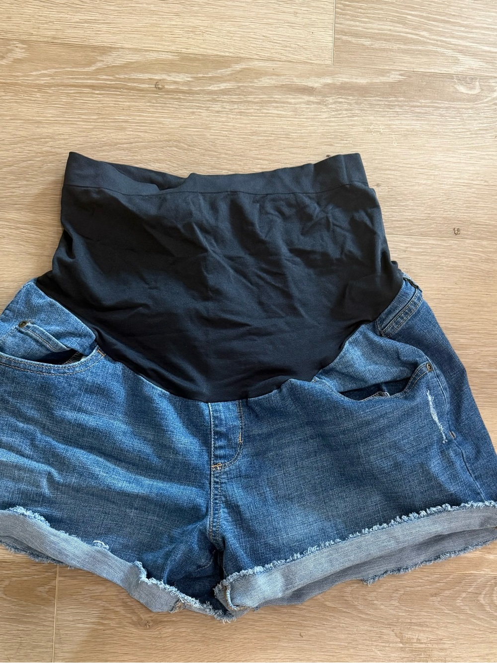 Sonoma Blue Denim Maternity Shorts with Black Stretch Panel